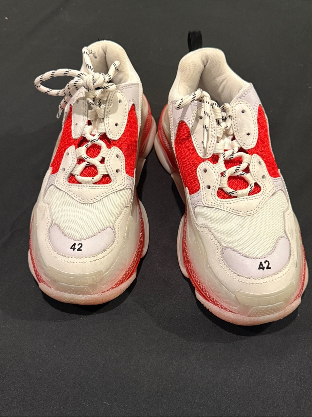 Balenciaga White and Red Triple S Style Chunky Sneakers
